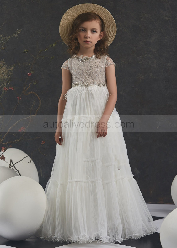 Beaded Ivory Lace Pleated Tulle Curly Hem Flower Girl Dress Beaded Ivory Lace Pleated Tulle Curly Hem Flower Girl Dress